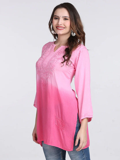 Ombre Dyed Chikankari Short Kurta | Handwork Lucknowi Embroidery