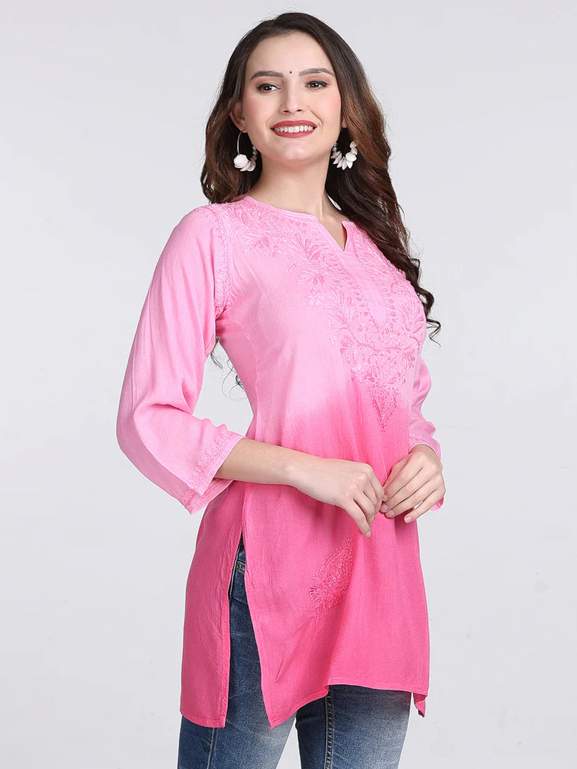 Ombre Dyed Chikankari Short Kurta | Handwork Lucknowi Embroidery