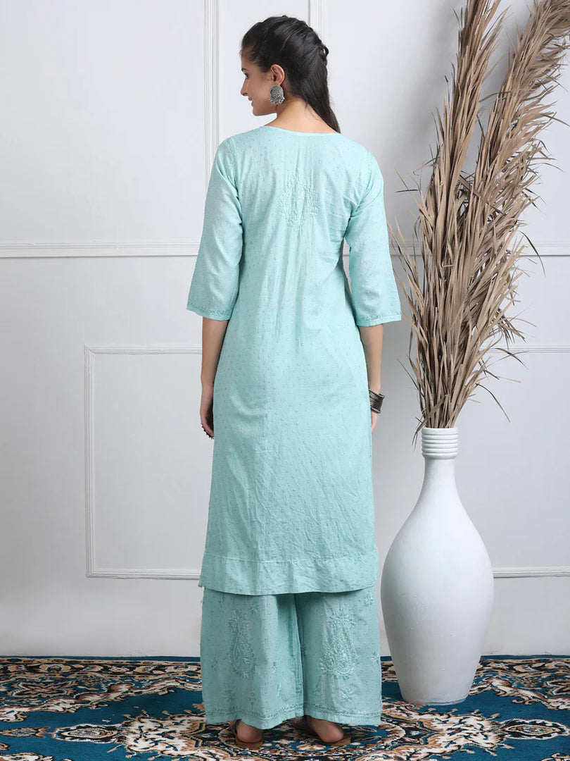 Dobby Cotton 3 piece Set Kurti, Dupatta & Plazzo