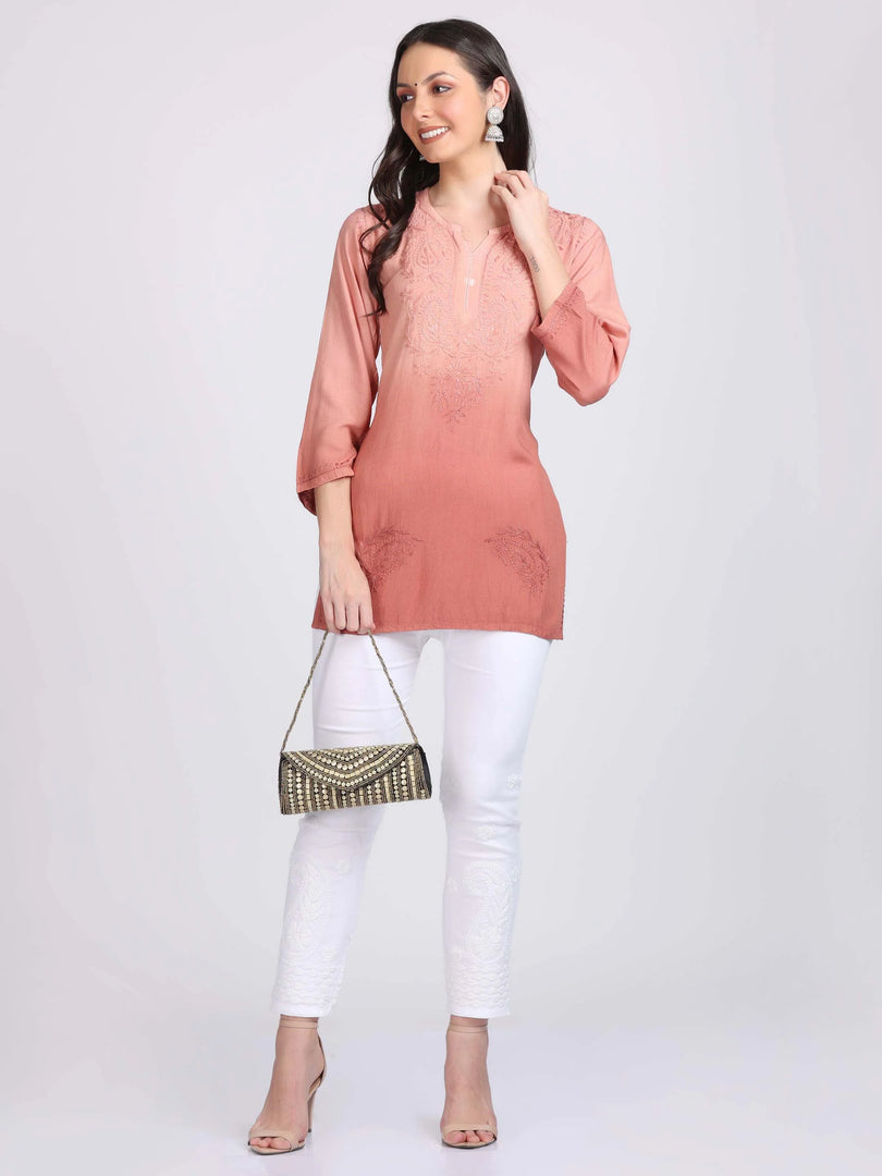 Ombre Dyed Chikankari Short Kurta | Handwork Lucknowi Embroidery