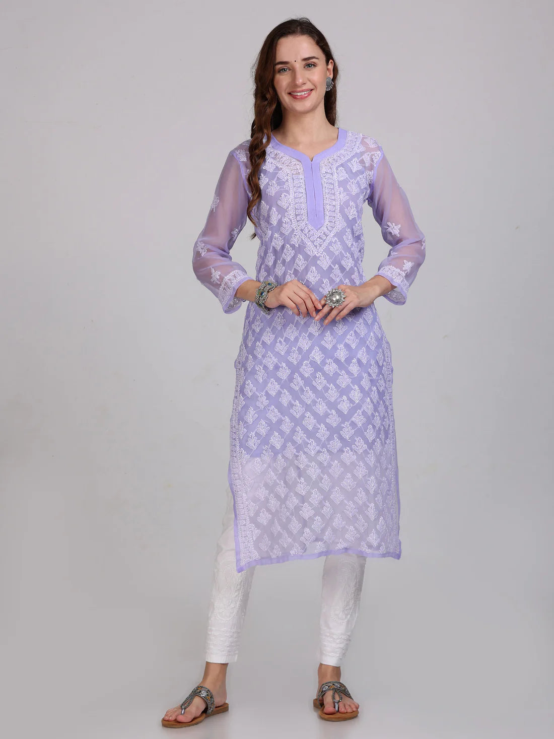 Chikankari Front All-Over Work Chiffon Straight Kurta With Matching Inner