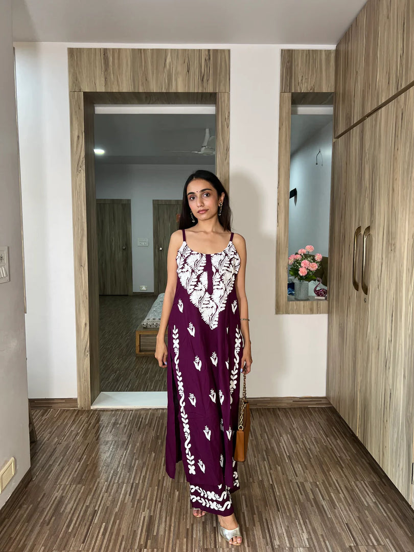 ASUHANI Maroon Sleeveless Rayon Kurta Pant set