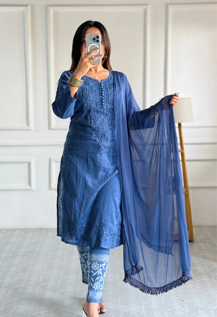 Cotton Dyed Chikankari Co-Ord Straight Kurta Wth Lycra Stretchable Trouser