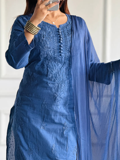 Cotton Dyed Chikankari Co-Ord Straight Kurta Wth Lycra Stretchable Trouser