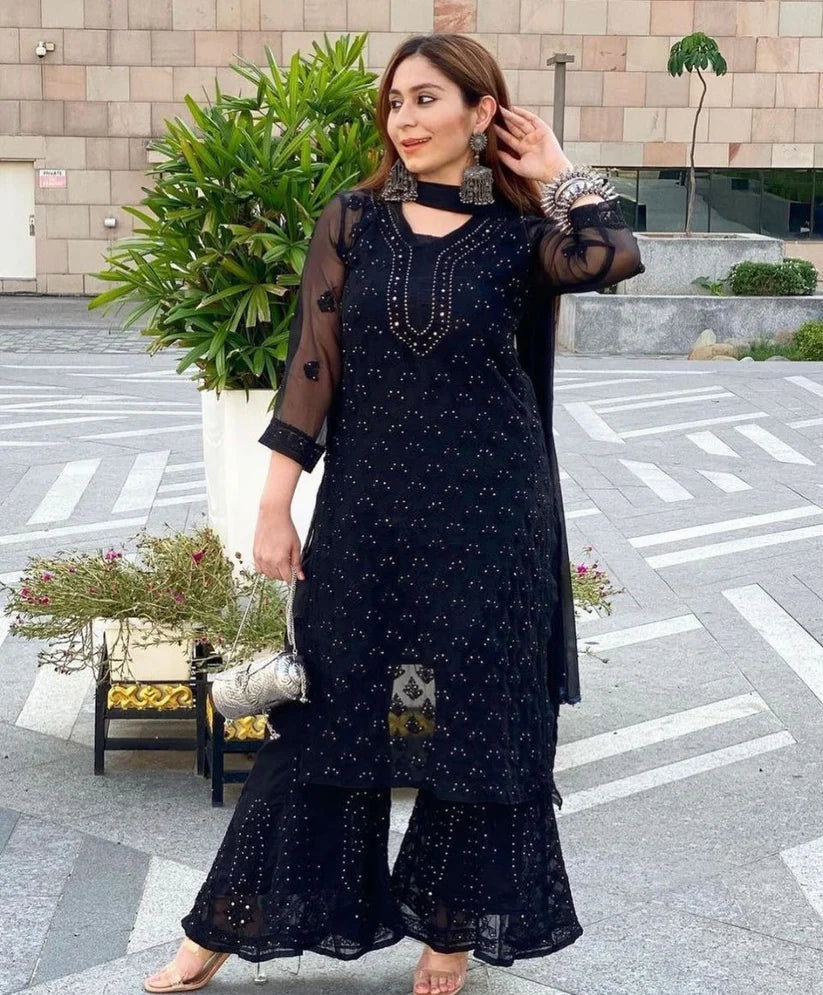 Ayat Mukaish Work Straight Kurta, Dupatta & Sharara Set With Self Tone Chikankari Embroidery