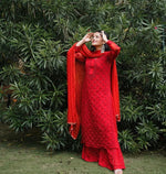 Load image into Gallery viewer, Ayat Mukaish Work Straight Kurta, Dupatta &amp; Sharara Set With Self Tone Chikankari Embroidery
