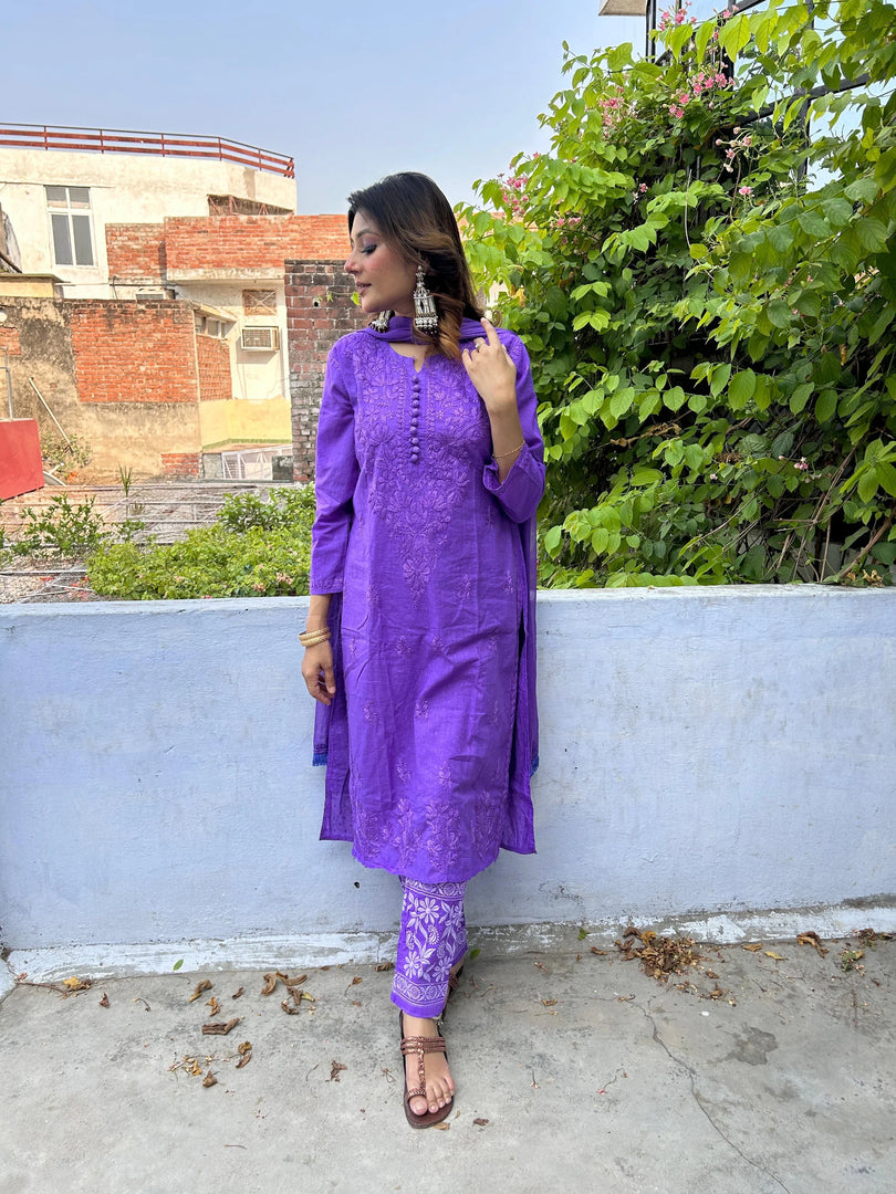 Cotton Dyed Chikankari Co-Ord Straight Kurta Wth Lycra Stretchable Trouser