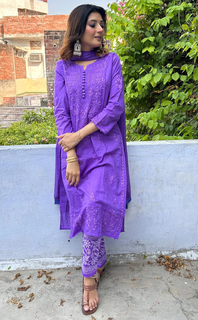 Cotton Dyed Chikankari Co-Ord Straight Kurta Wth Lycra Stretchable Trouser