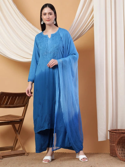 Most Comfortabe Rayon Ombrae Hand Embroidered Full Suit