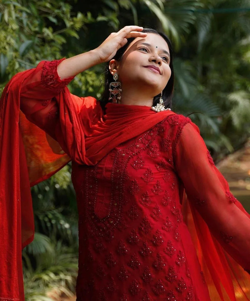 Ayat Mukaish Work Straight Kurta, Dupatta & Sharara Set With Self Tone Chikankari Embroidery