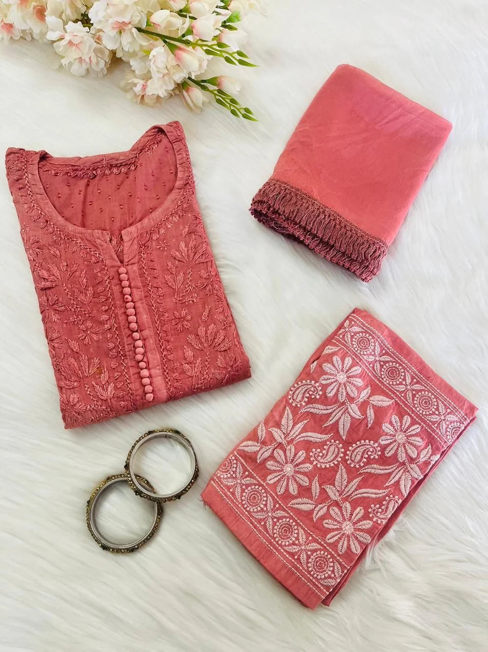 Cotton Dyed Chikankari Co-Ord Straight Kurta Wth Lycra Stretchable Trouser