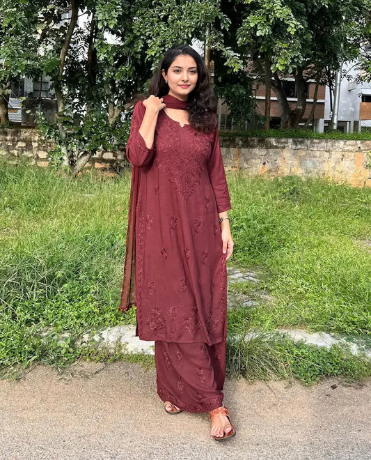 aastha Brown Rayon Chikankari Suit Set
