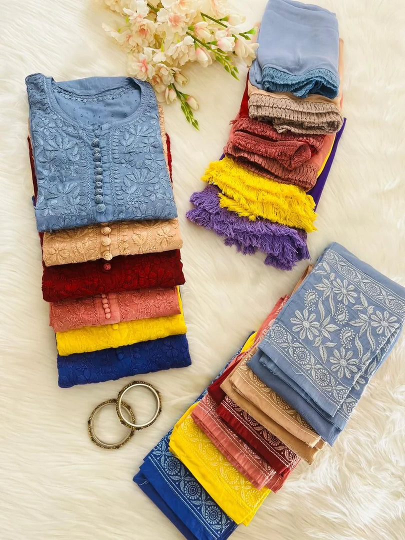 Cotton Dyed Chikankari Co-Ord Straight Kurta Wth Lycra Stretchable Trouser