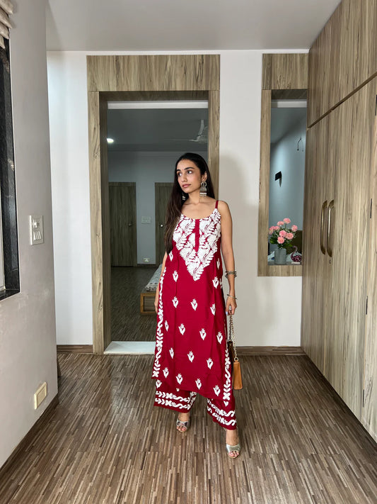 ASUHANI Maroon Sleeveless Rayon Kurta Pant set