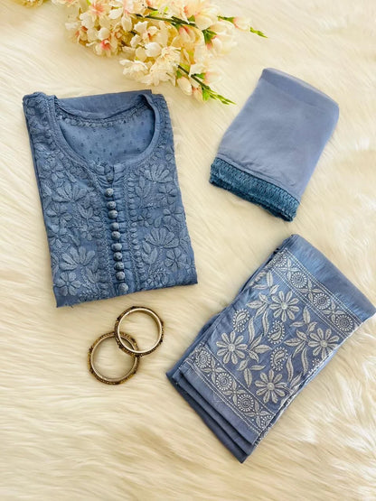 Cotton Dyed Chikankari Co-Ord Straight Kurta Wth Lycra Stretchable Trouser