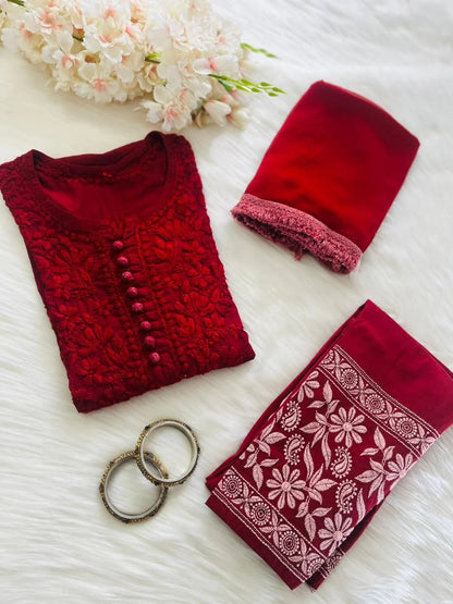 Cotton Dyed Chikankari Co-Ord Straight Kurta Wth Lycra Stretchable Trouser