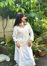 Load image into Gallery viewer, Haniya White Chikankari Rayon Kurti Set with Mukesh Work &amp; Dupatta
