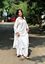 Load image into Gallery viewer, Haniya White Chikankari Rayon Kurti Set with Mukesh Work &amp; Dupatta
