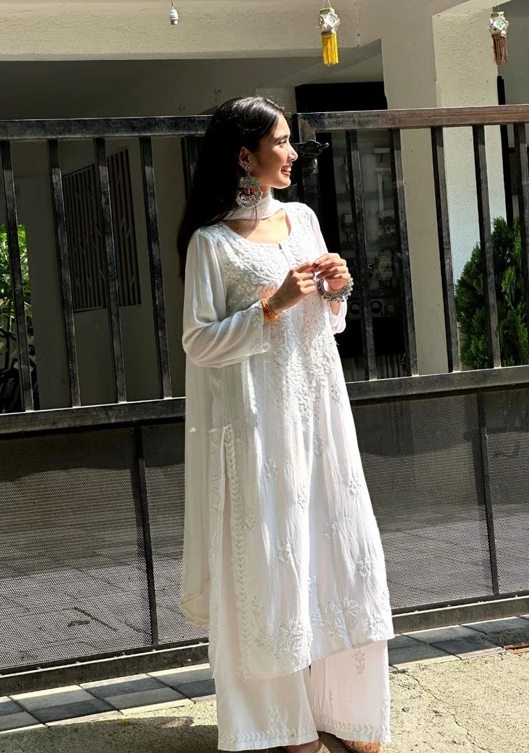Haniya White Chikankari Rayon Kurti Set with Mukesh Work & Dupatta