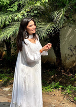 Load image into Gallery viewer, Haniya White Chikankari Rayon Kurti Set with Mukesh Work &amp; Dupatta
