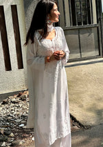 Load image into Gallery viewer, Haniya White Chikankari Rayon Kurti Set with Mukesh Work &amp; Dupatta
