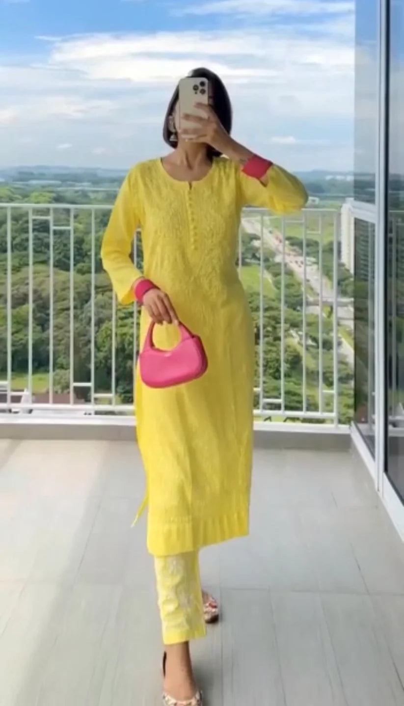 Cotton Dyed Chikankari Co-Ord Straight Kurta Wth Lycra Stretchable Trouser