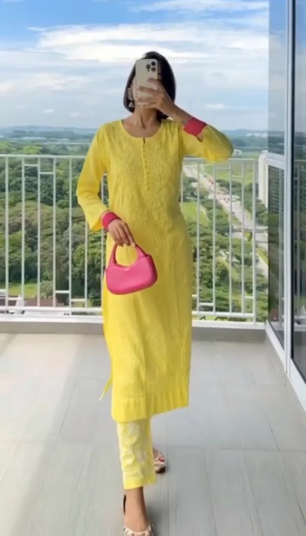 Cotton Dyed Chikankari Co-Ord Straight Kurta Wth Lycra Stretchable Trouser