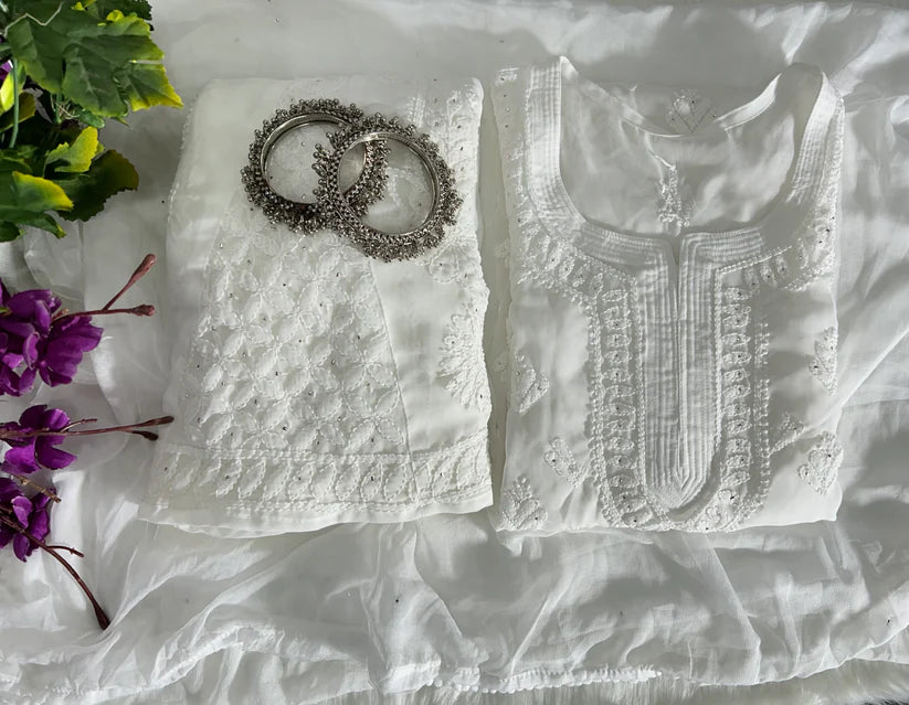 Ayat Mukaish Work Straight Kurta, Dupatta & Sharara Set With Self Tone Chikankari Embroidery