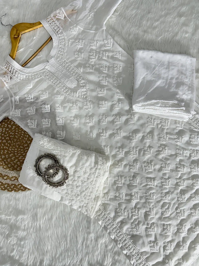 Ayat Mukaish Work Straight Kurta, Dupatta & Sharara Set With Self Tone Chikankari Embroidery