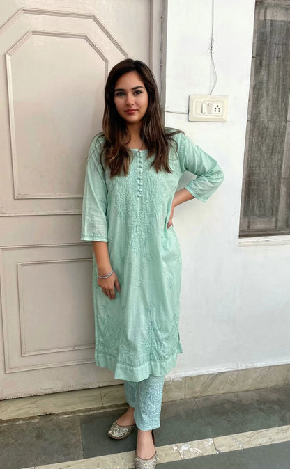Cotton Dyed Chikankari Co-Ord Straight Kurta Wth Lycra Stretchable Trouser