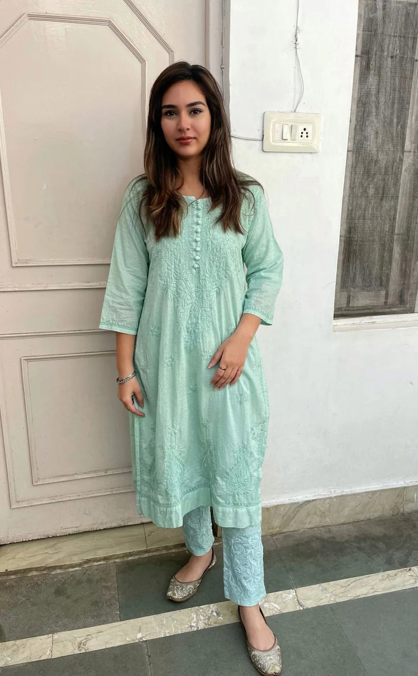 Cotton Dyed Chikankari Co-Ord Straight Kurta Wth Lycra Stretchable Trouser