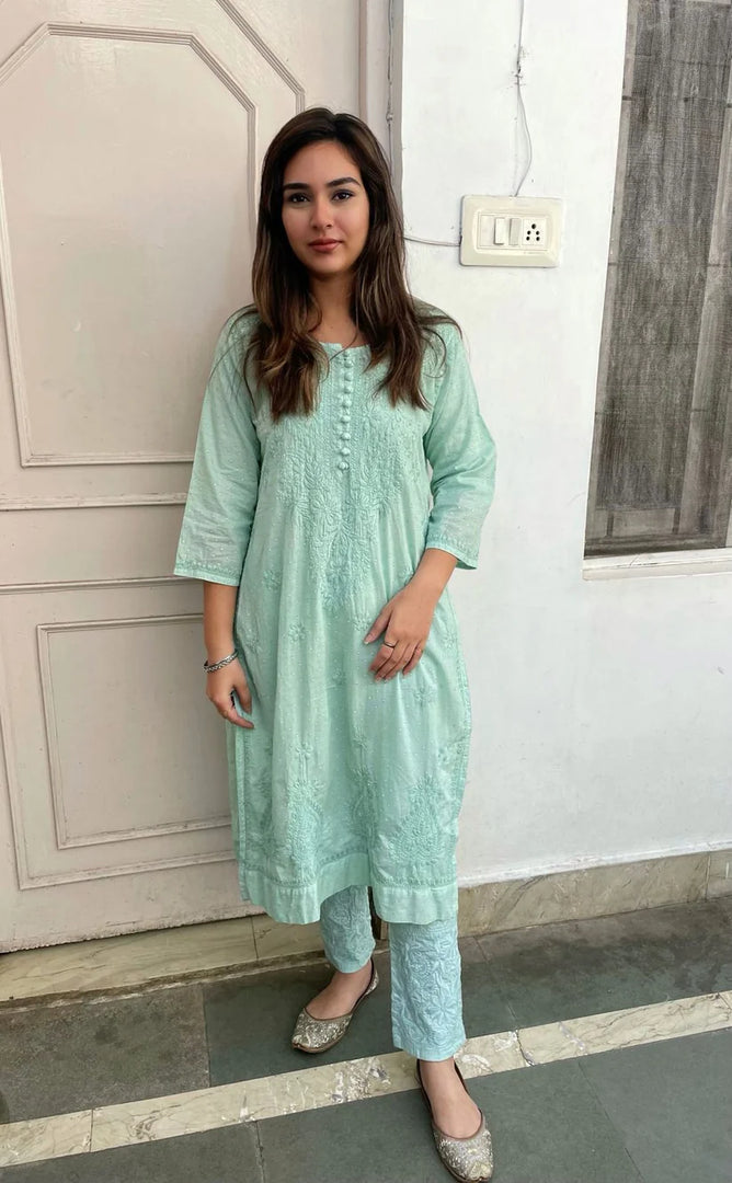 Cotton Dyed Chikankari Co-Ord Straight Kurta Wth Lycra Stretchable Trouser