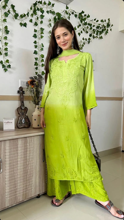 Most Comfortabe Rayon Ombrae Hand Embroidered Full Suit