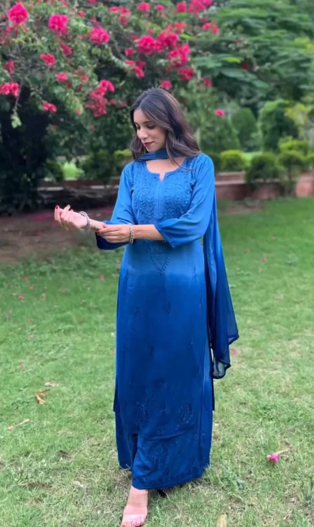 Most Comfortabe Rayon Ombrae Hand Embroidered Full Suit