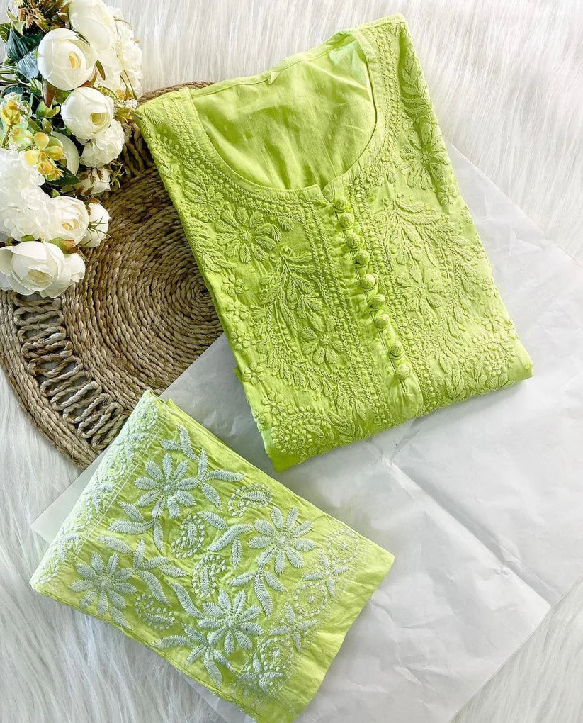 Cotton Dyed Chikankari Co-Ord Straight Kurta Wth Lycra Stretchable Trouser