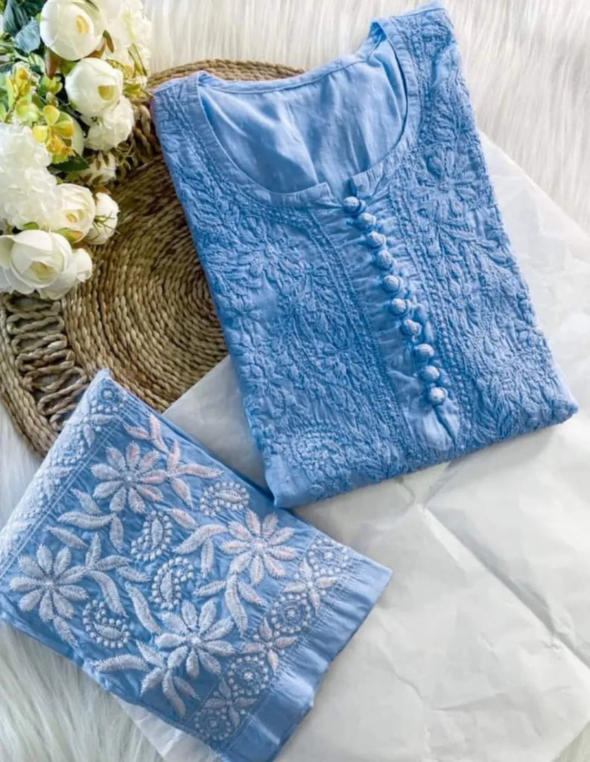 Cotton Dyed Chikankari Co-Ord Straight Kurta Wth Lycra Stretchable Trouser