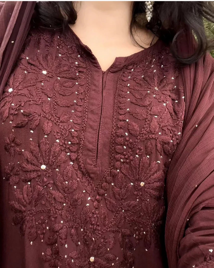 Nagma Brown Rayon Mukesh- Chikankari Set