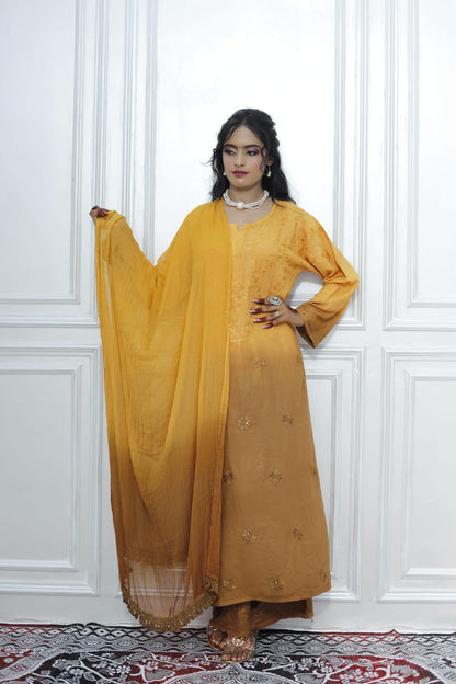 Most Comfortabe Rayon Ombrae Hand Embroidered Full Suit