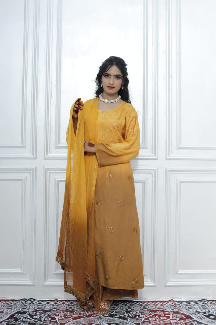 Most Comfortabe Rayon Ombrae Hand Embroidered Full Suit