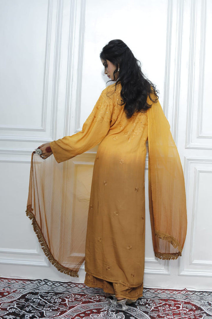 Most Comfortabe Rayon Ombrae Hand Embroidered Full Suit