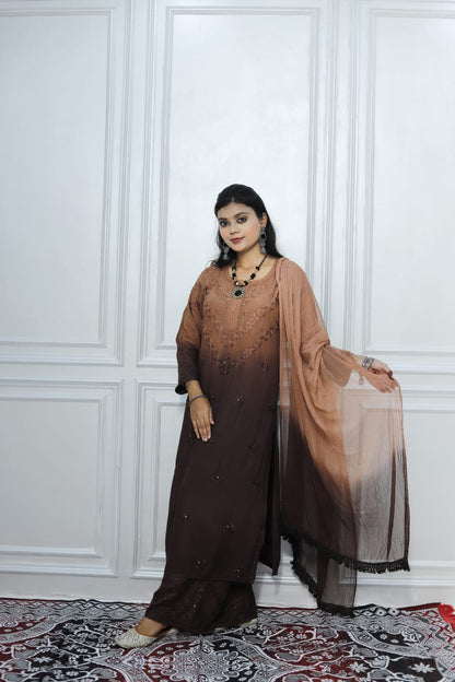 Most Comfortabe Rayon Ombrae Hand Embroidered Full Suit