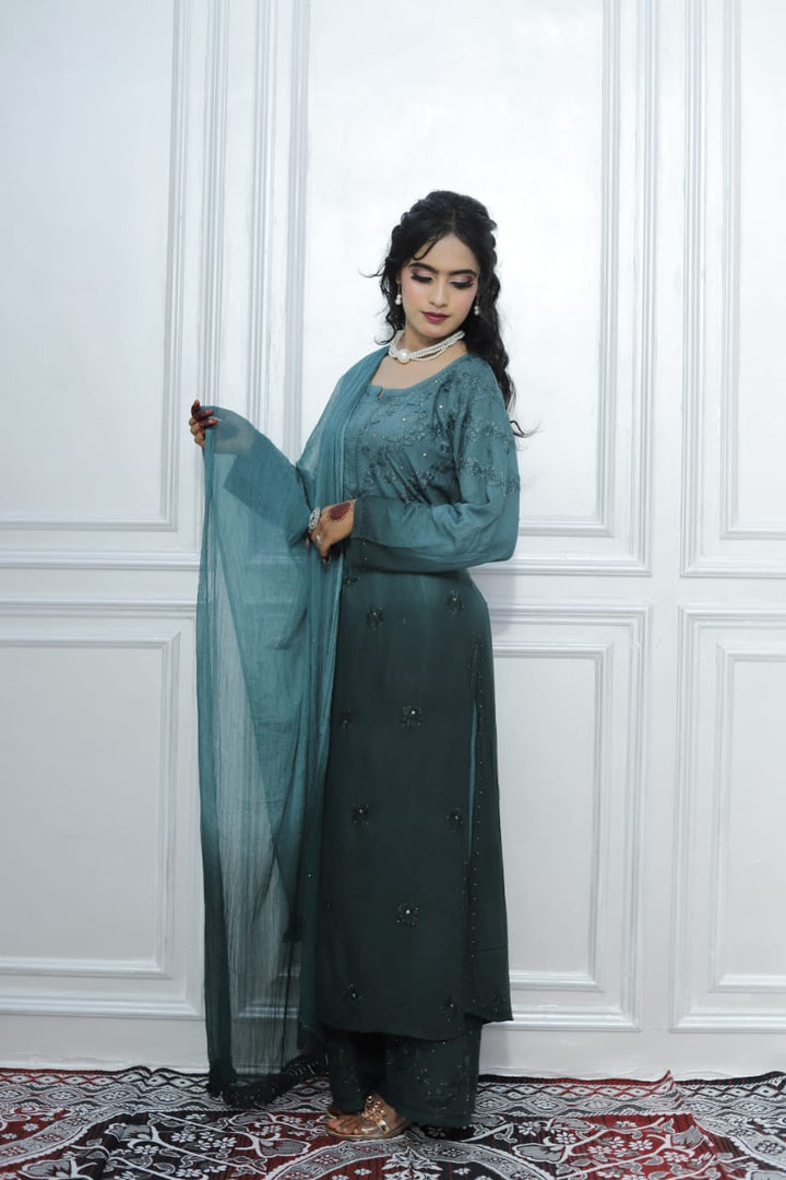 Most Comfortabe Rayon Ombrae Hand Embroidered Full Suit