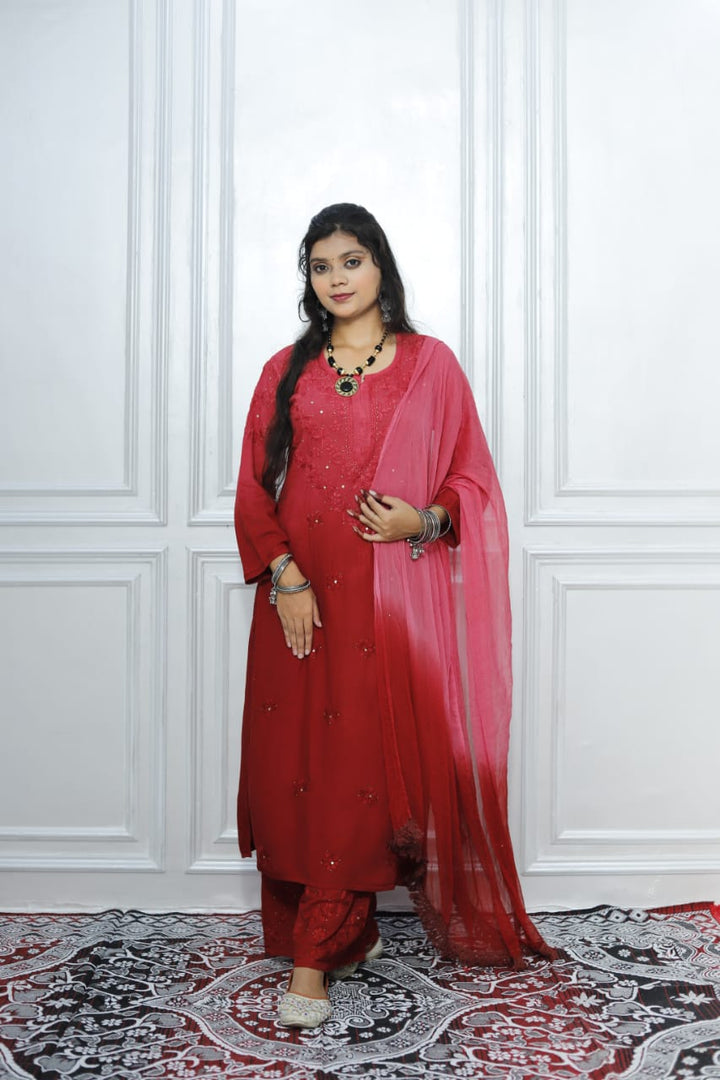 Most Comfortabe Rayon Ombrae Hand Embroidered Full Suit