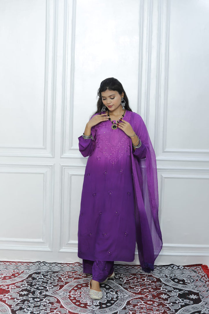 Most Comfortabe Rayon Ombrae Hand Embroidered Full Suit