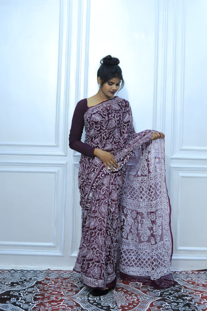 The Royal Drape: Authentic Lucknowi Chikankari Georgette Saree
