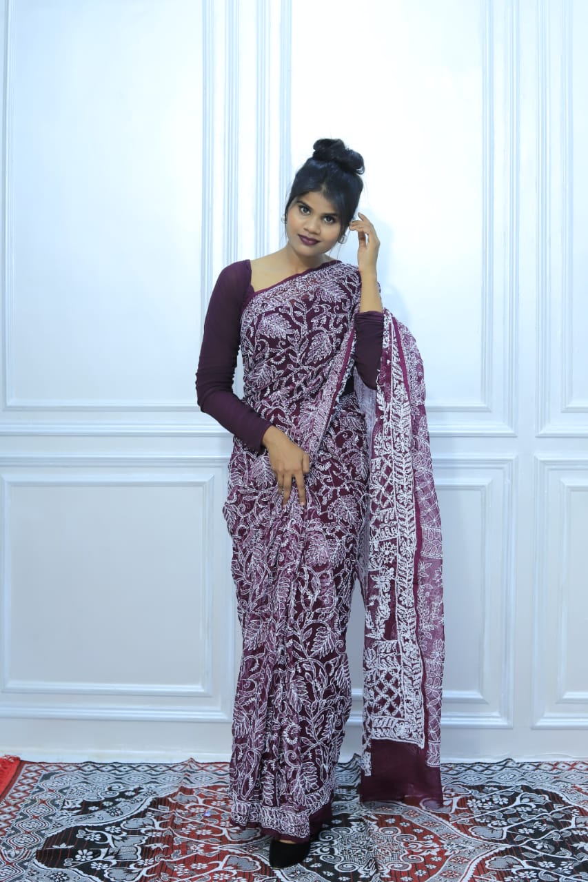 The Royal Drape: Authentic Lucknowi Chikankari Georgette Saree