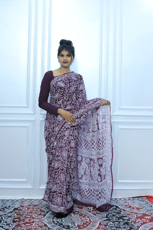 The Royal Drape: Authentic Lucknowi Chikankari Georgette Saree