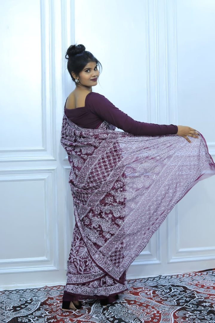The Royal Drape: Authentic Lucknowi Chikankari Georgette Saree