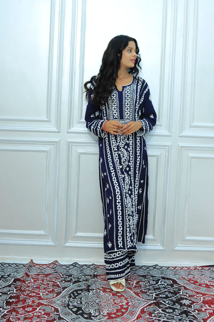Chikankari lux Modal Kurti Palazzo Set with Heavy Embroidery Chikankari Modal Kurti Palazzo Set with Heavy Embroidery