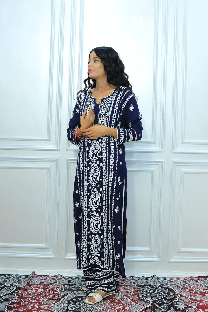 Chikankari lux Modal Kurti Palazzo Set with Heavy Embroidery Chikankari Modal Kurti Palazzo Set with Heavy Embroidery